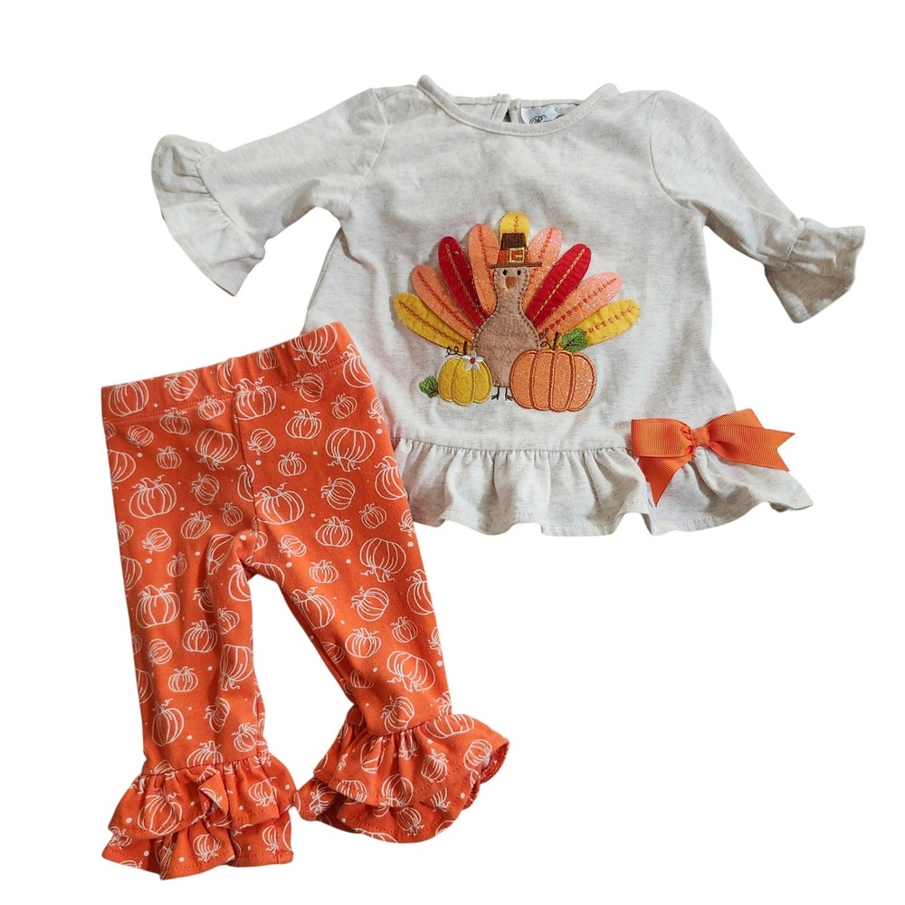Rare Editions Baby Girl Thanksgiving Turkey Ruffle Bell Bottom Flare Set 3-6M